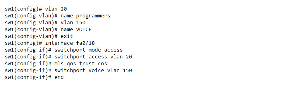 назначения VLAN 20 интерфейсу Fa0/18