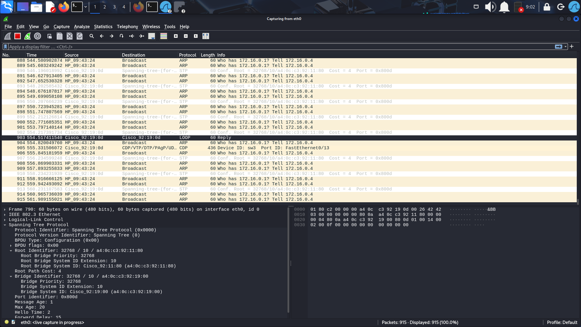 Рис. 4. Сетевой анализатор wireshark на стороне злоумышленика до атаки