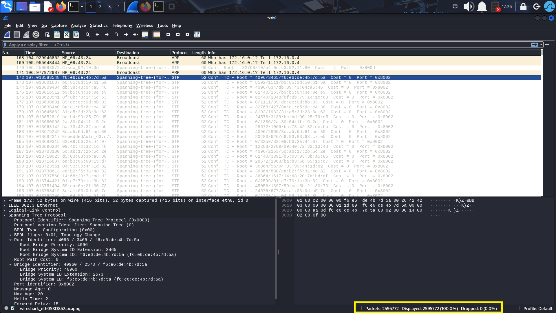 Рис. 6. Сетевой анализатор wireshark на стороне злоумышленика