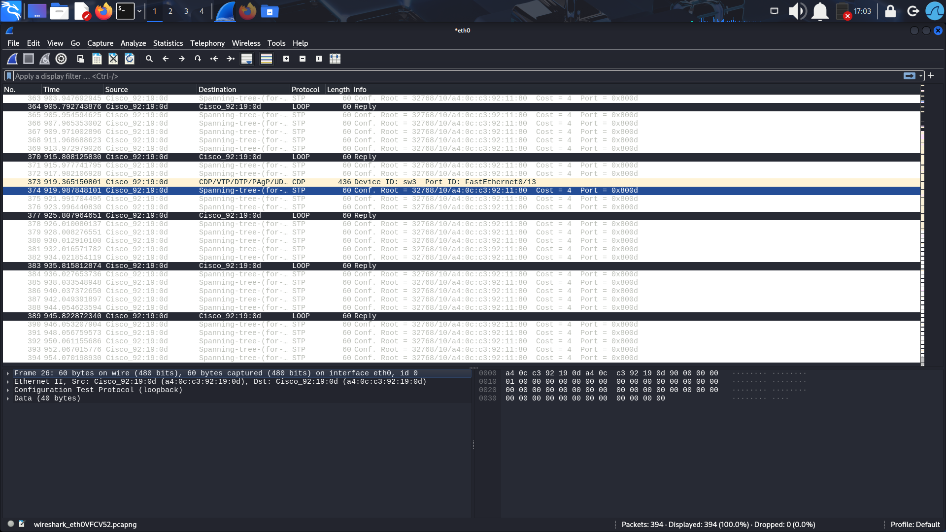 Рис. 7. Сетевой анализатор wireshark на стороне злоумышленика фиксирует трафик STP и CDP