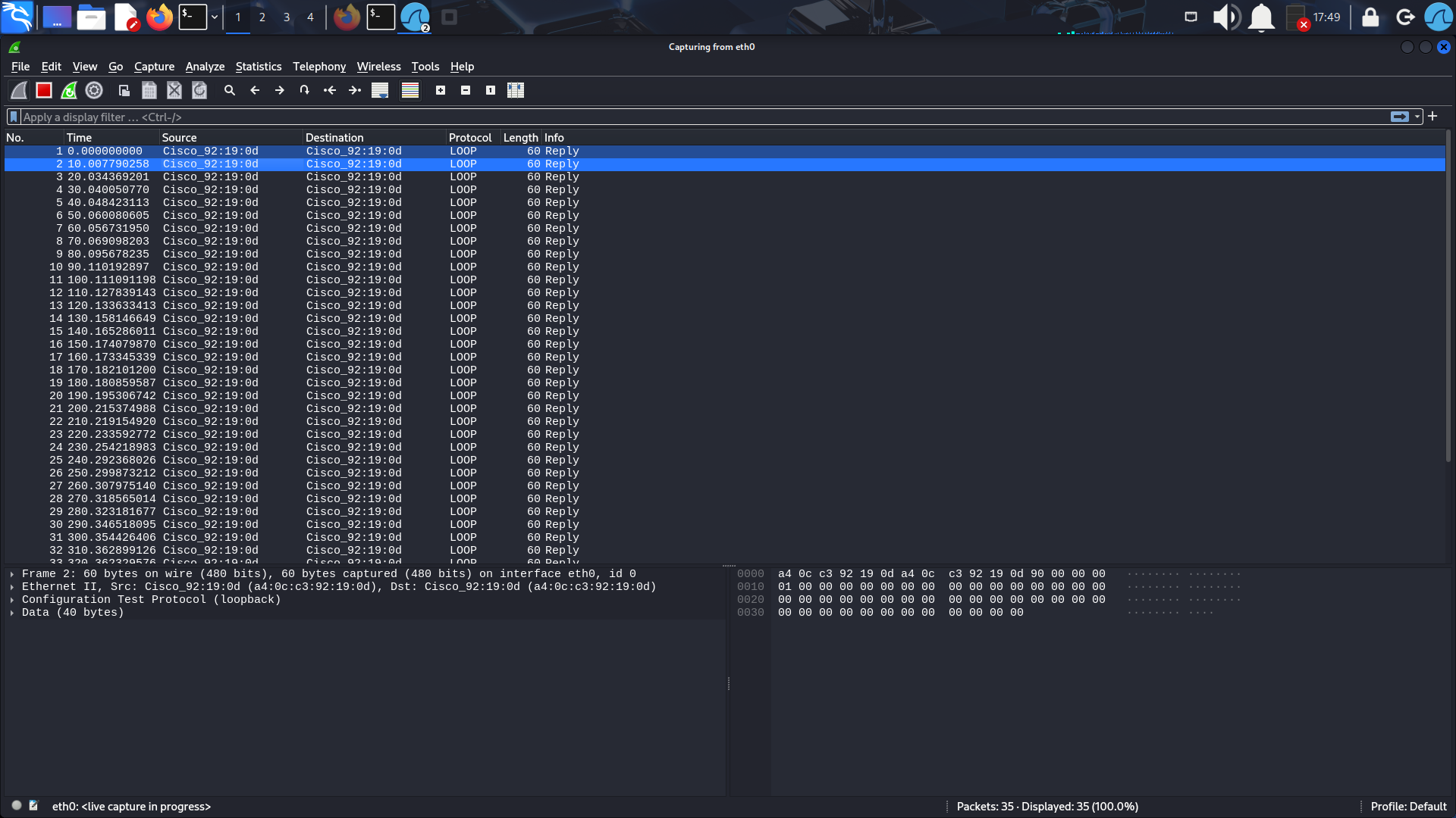Рис. 8. Сетевой анализатор wireshark на стороне злоумышленика не фиксирует трафик STP и CDP