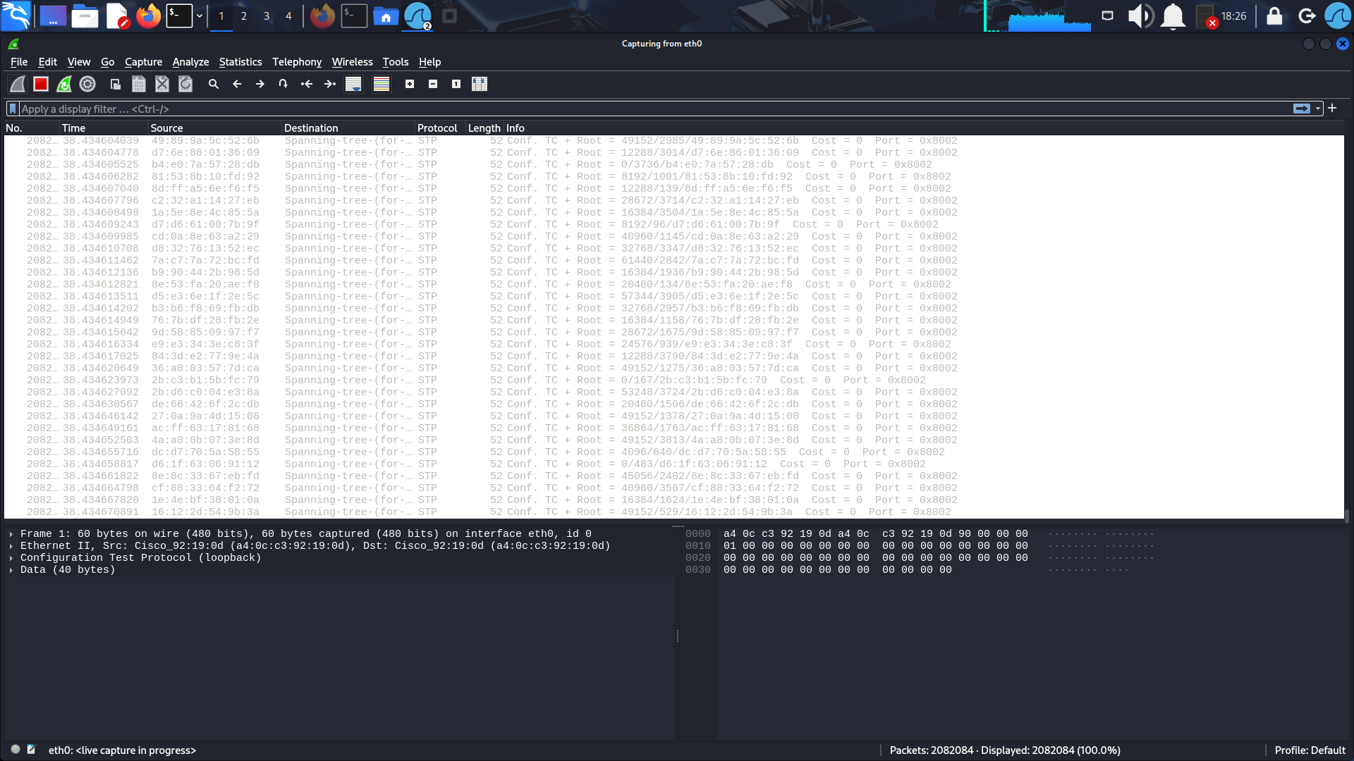 Рис. 9. Сетевой анализатор wireshark на стороне злоумышленика генерирует большое количество BPDU